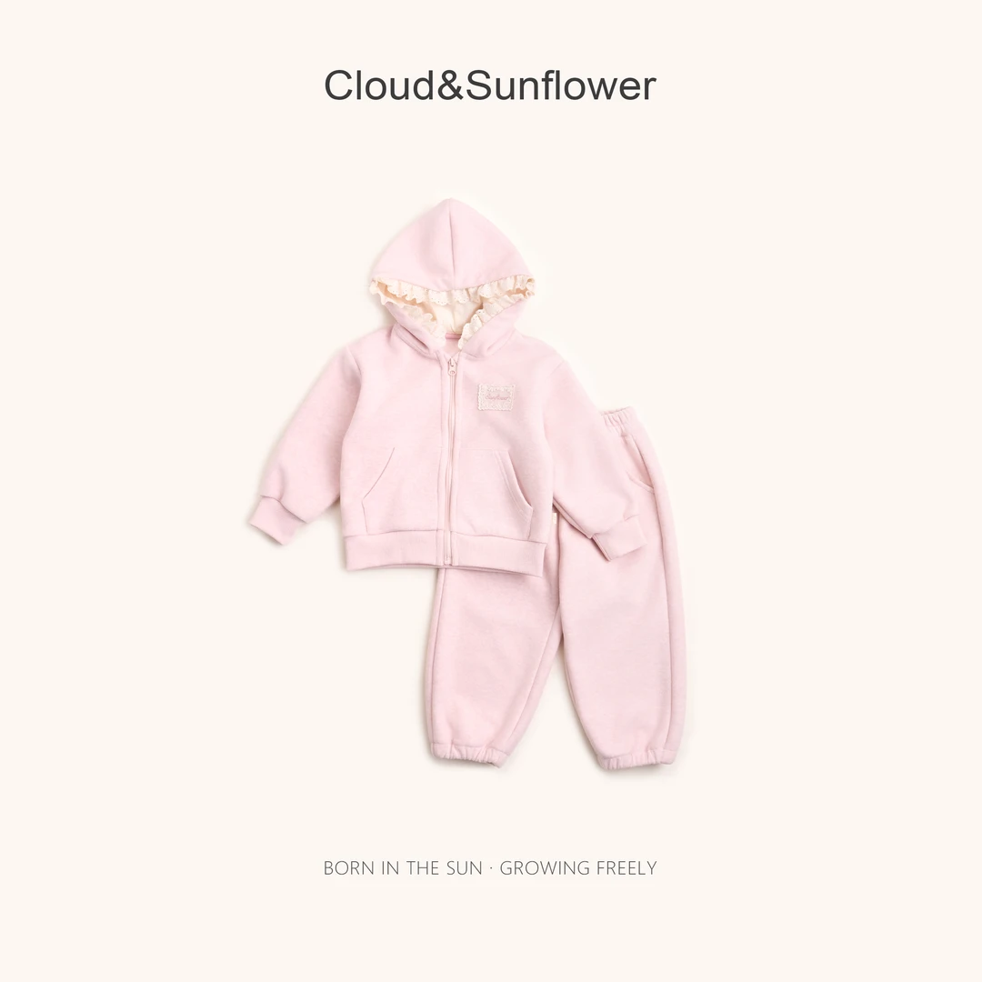 【云朵小葵】女童秋季新款蕾丝贴布连帽休闲套装1114475