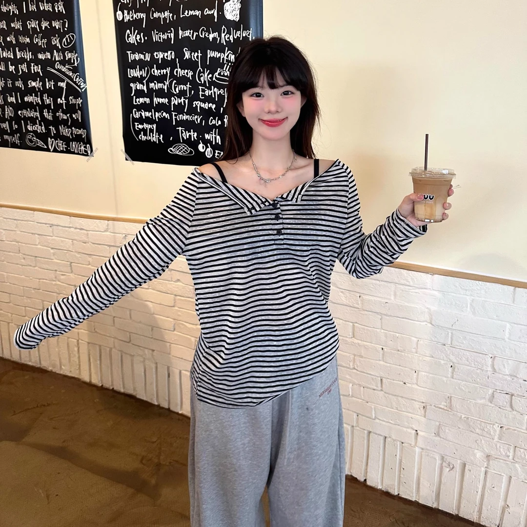 慵懒风条纹防晒罩衫女夏季宽松显瘦设计感薄款长袖t恤空调衫上衣