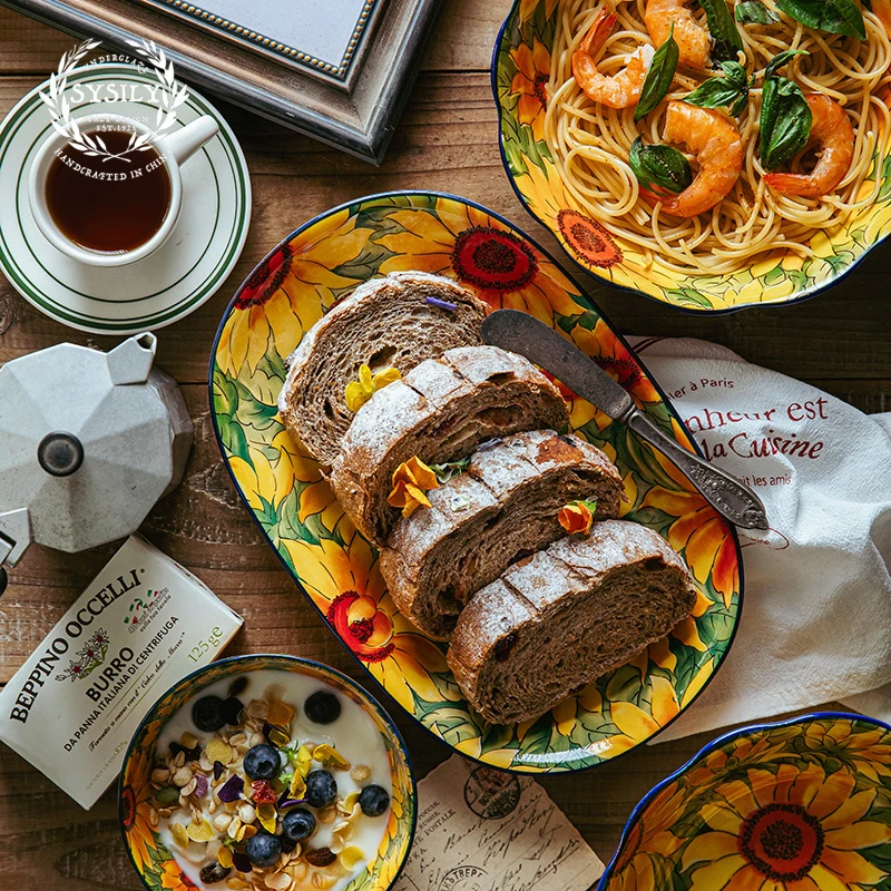 向日葵-11英寸鱼盘一个装波兰瓷釉下彩民族艺术陶瓷餐具创意