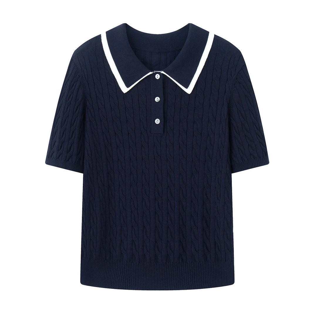 迪家商场同款女装2025秋新款时尚撞色气质海军领短袖毛针织衫3182