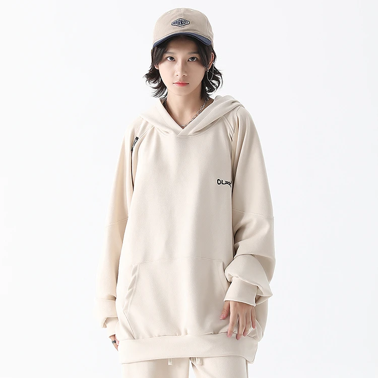 麂皮绒宽松字母Logo刺绣休闲弹力落肩套头连帽卫衣2302