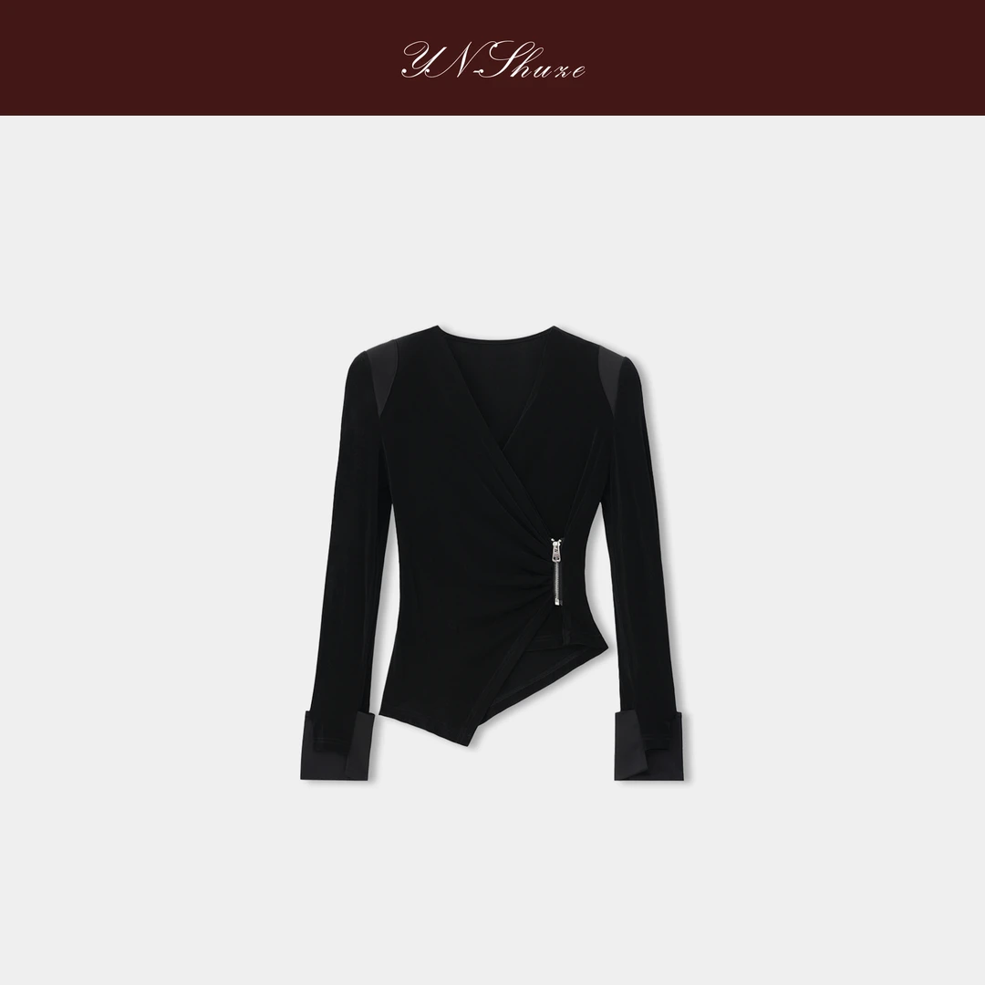 YN-SHUZE【优雅弧度】设计师拼接收腰不规则醋酸上衣SZ-YNC-202428