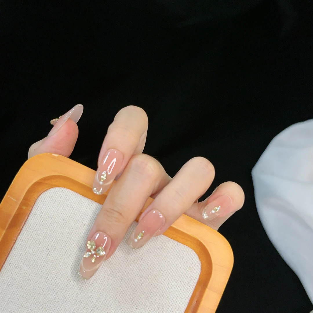 手工穿戴甲裸色温柔风灵动猫眼爆闪中长款高级感可拆卸