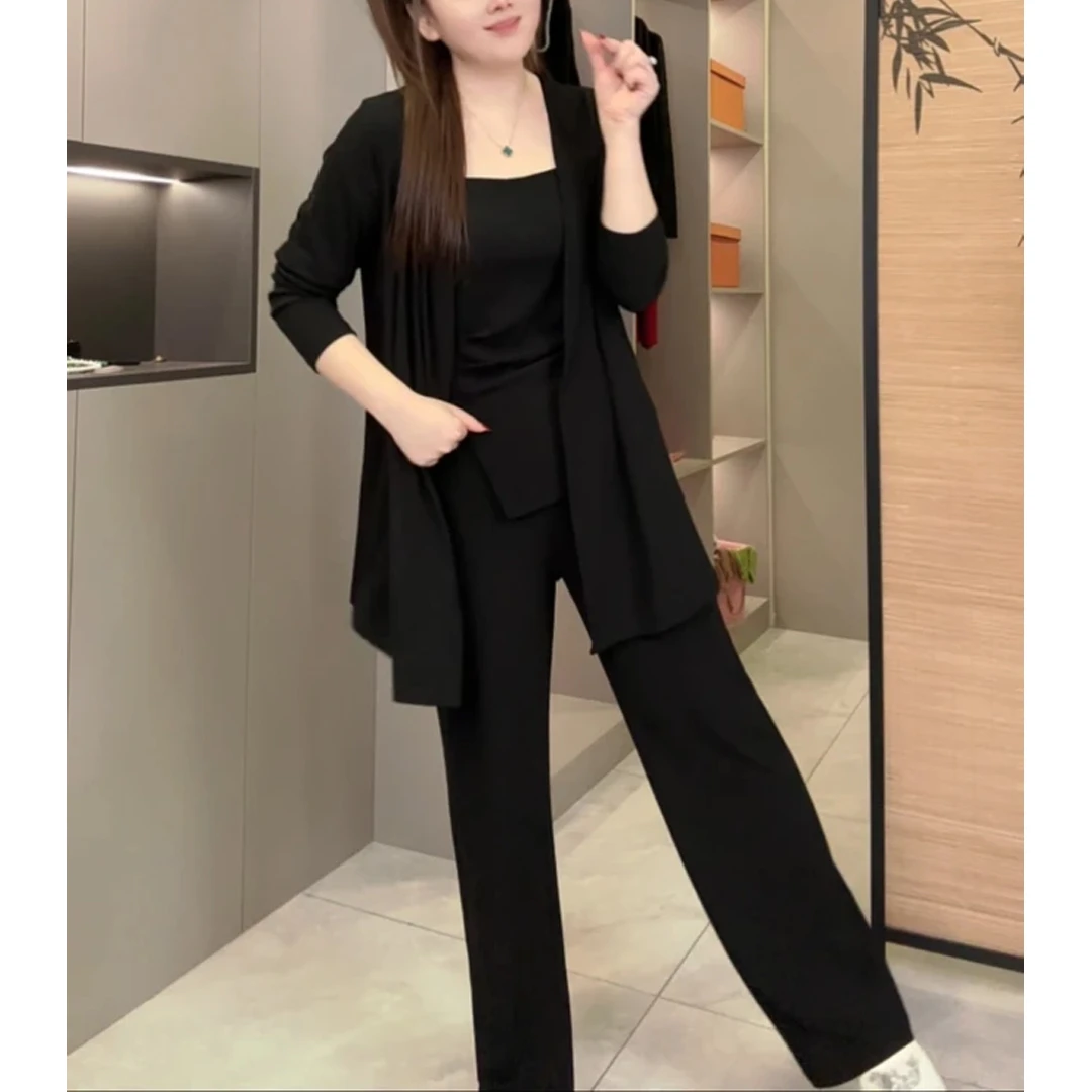2025春季新款宽松上衣吊带休闲裤子套装女大码时尚百搭显瘦三件套