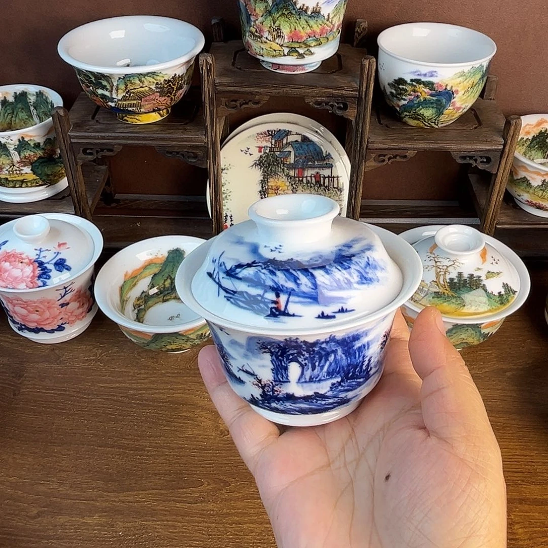 忠意堂釉下彩桂林山水盖碗