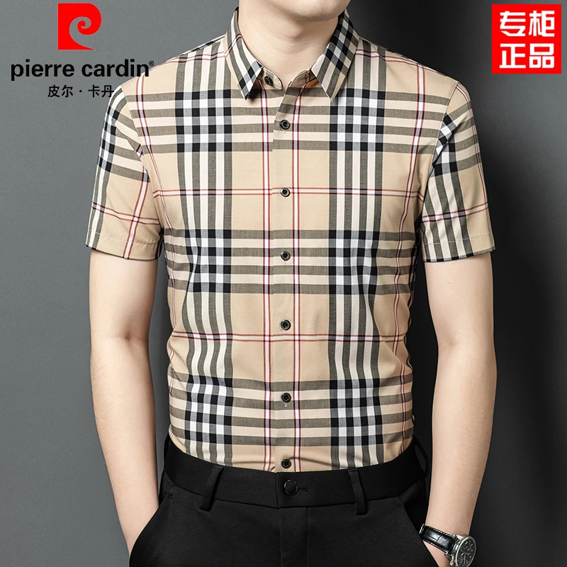 皮尔卡丹正品2025新款男士格纹衬衫修身高档时尚薄款商务翻领衬衣