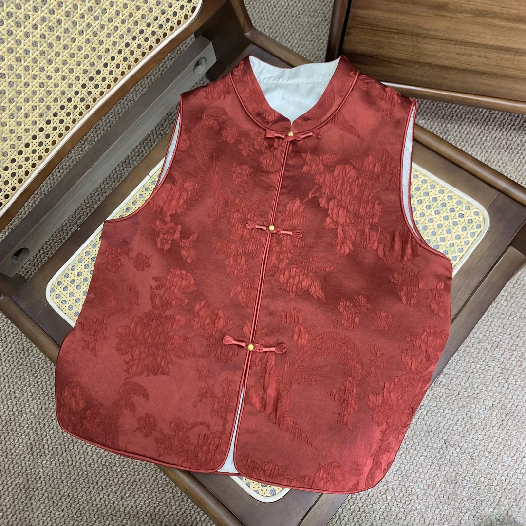 【新禧】春款人丝冠乐绉提花红色立领新中式国风马甲马夹