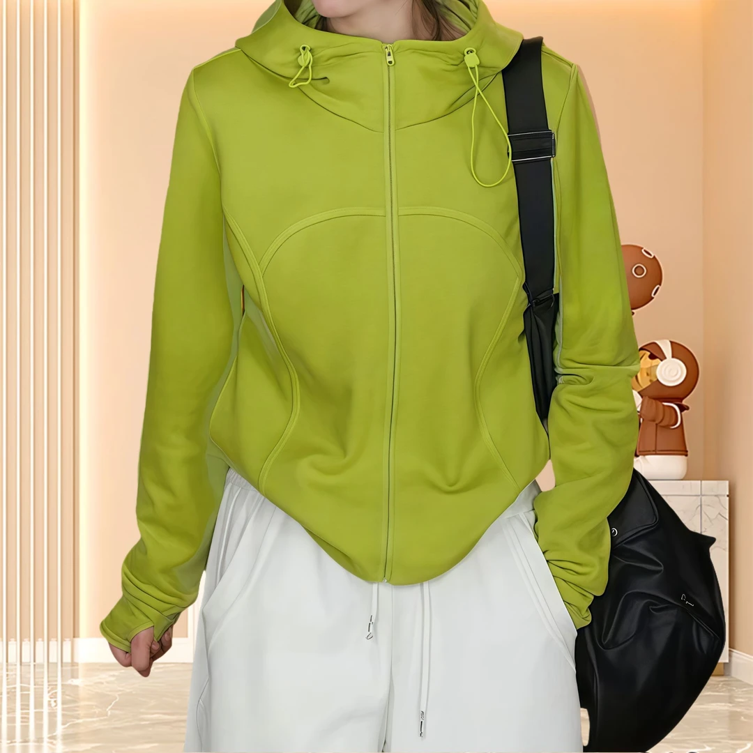 2025新款秋冬季拉链开衫外套绿色连帽休闲外套女装禅意仙气飘飘