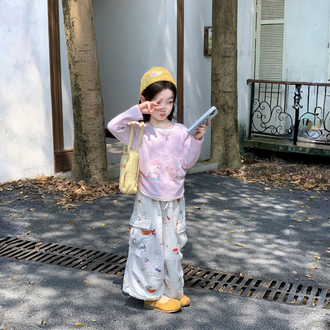 2025秋季新款女童洋气卡通打底衫+休闲工装裤两件套儿童长袖套装