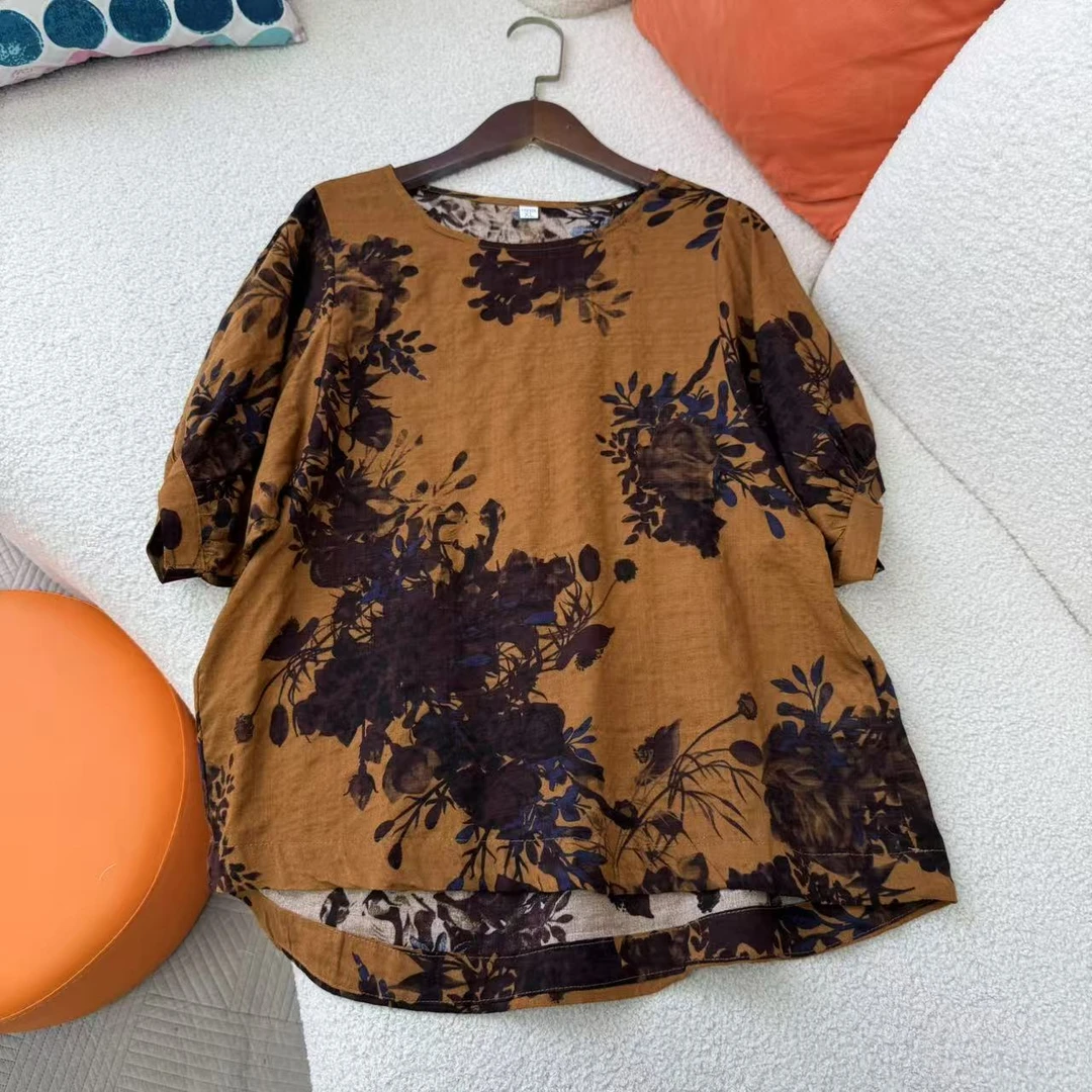 夏季女棉麻短袖印花衬衫上衣