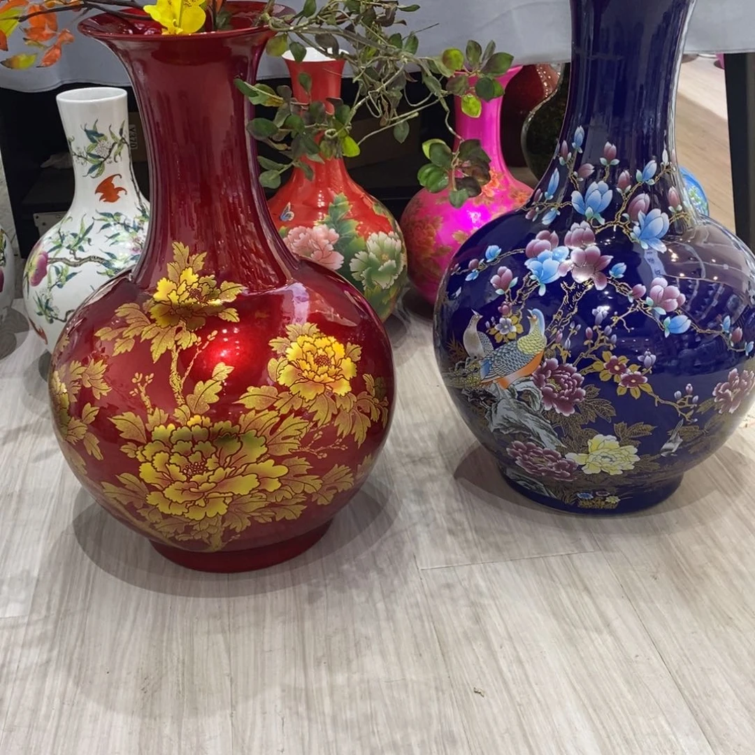 给***陶摆件56cm金沙牡丹+60cm霁蓝赏瓶