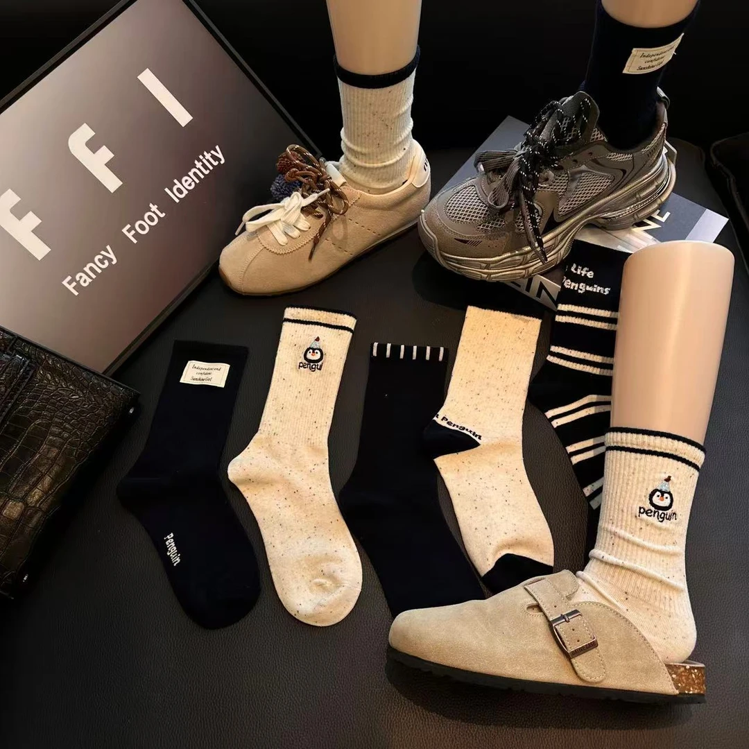 FFI(5双)秋冬四季款刺绣棉袜女减龄百搭老爹鞋勃肯鞋德训鞋堆堆袜