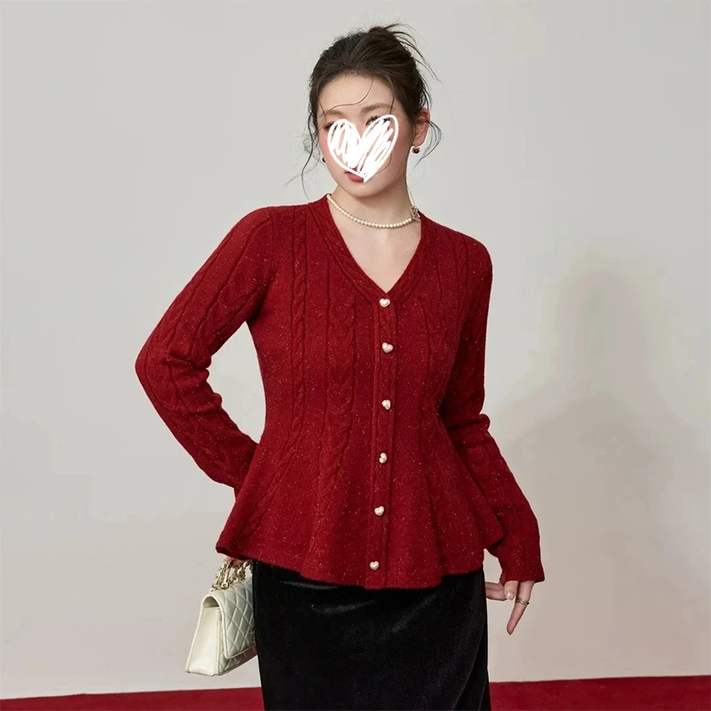 V领复古绞花毛衣女2025冬季新款收腰显瘦荷叶边针织衫设计感软糯