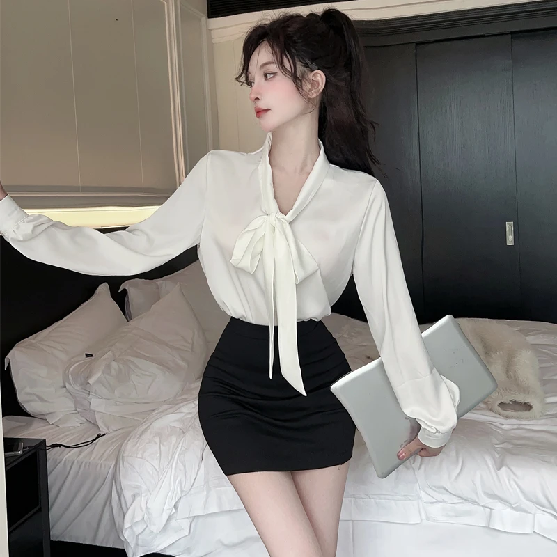 辣妹御姐收腰长袖缎面衬衫套装裙职业工作服气质衬衣包臀裙两件套