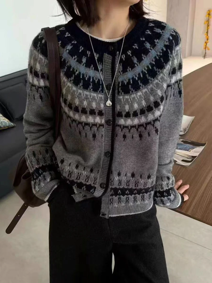 【费尔岛开衫】秋冬新款欧货时尚圆领宽松拼色长袖针织开衫女上衣潮