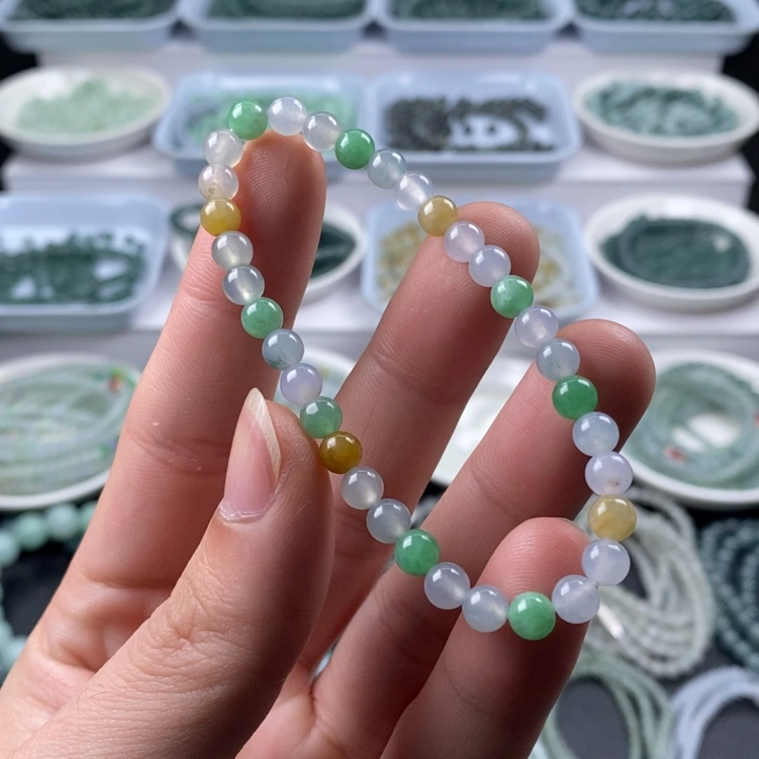翡翠散珠天然a货翡翠卡5.4mm冰多宝手串