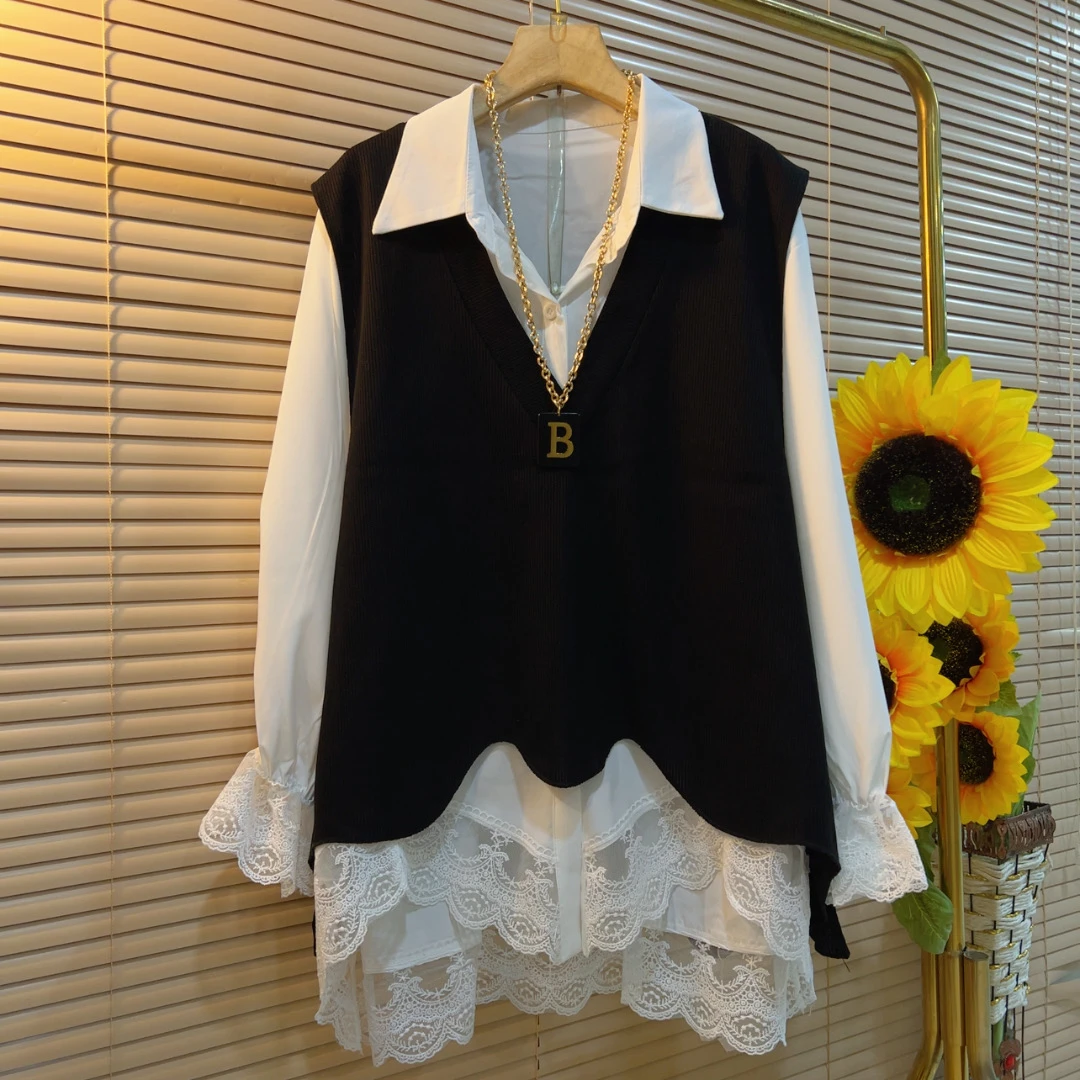 LL春季新款蕾丝包衬衫马甲两件套