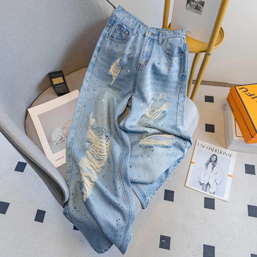 111天丝破洞烫钻牛仔裤女2025夏季新款小众显瘦直筒百搭阔腿长裤