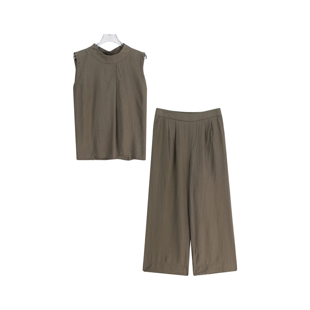 高级感夏季无袖立领上衣高腰阔腿裤两件套A14353