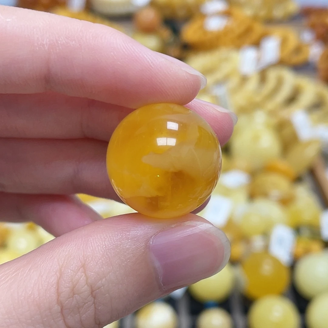 蜜蜡未镶嵌珠宝奇石圆珠浓蜜橘底金沙20.6mm瑕