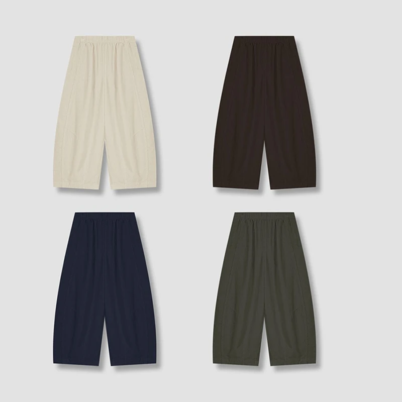 复古2025秋冬港风松紧腰细纹灯芯绒九分阔腿裤女小个子休闲弯刀裤