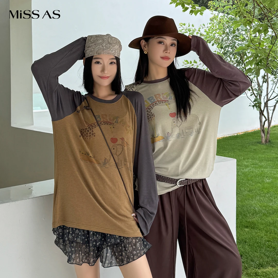 【AUBRUINO】宽松动物园插袖长袖T恤圆领上衣25早秋新品