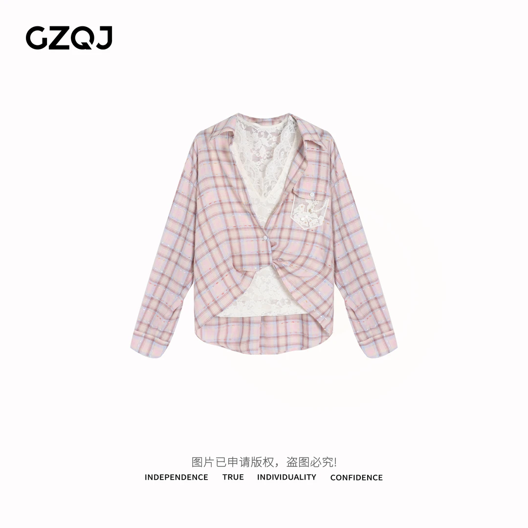 老琴私服 【心动代码】时尚格子衬衫外套蕾丝背心两件套女春夏256
