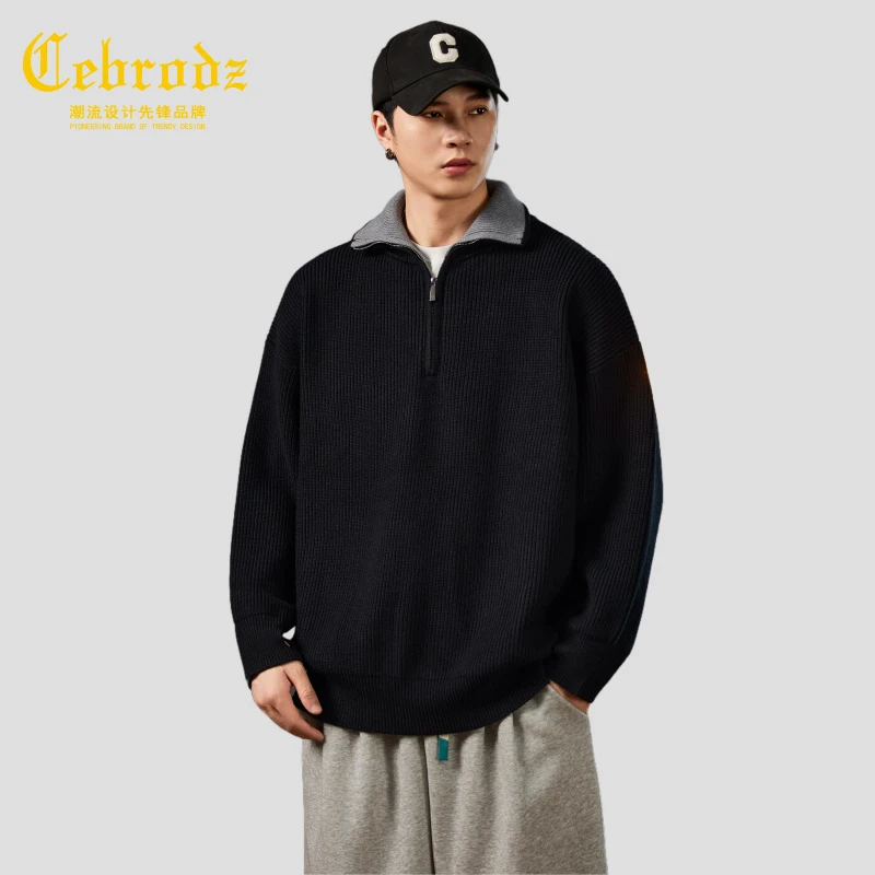 法国Cebrodz拼接翻领毛衣男半拉链秋冬中老年男士保暖通勤针织衫