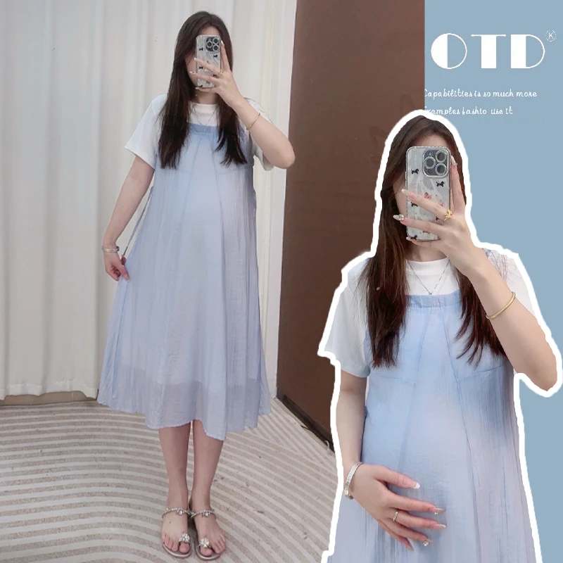 清！孕妇夏季法式温柔风小清新显瘦遮肚假两件连衣裙