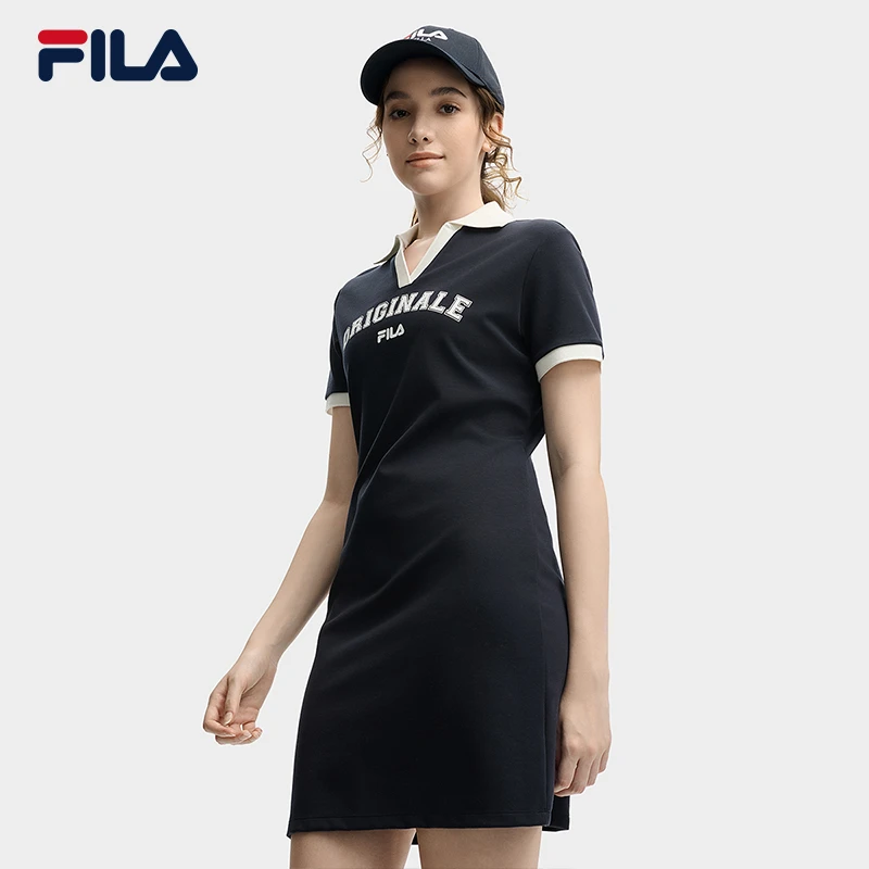 Fila/斐乐夏季【显瘦显高弹力】女款百搭通勤翻领中长裙F11W539302F