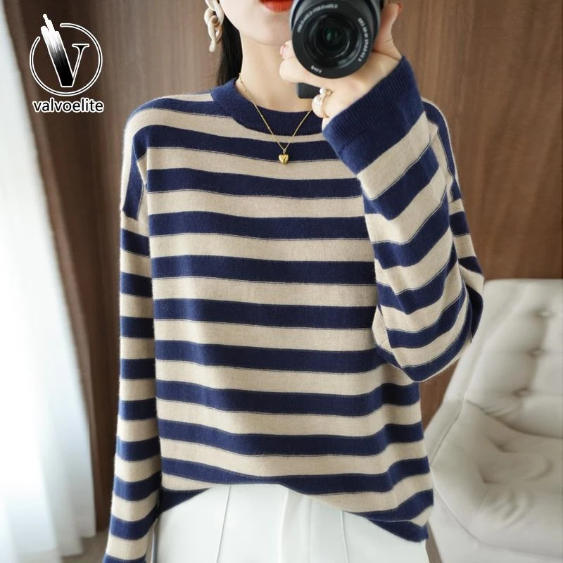 VALVOELITE2025春秋新款女套头圆领条纹宽松大码针织休闲打底毛衣