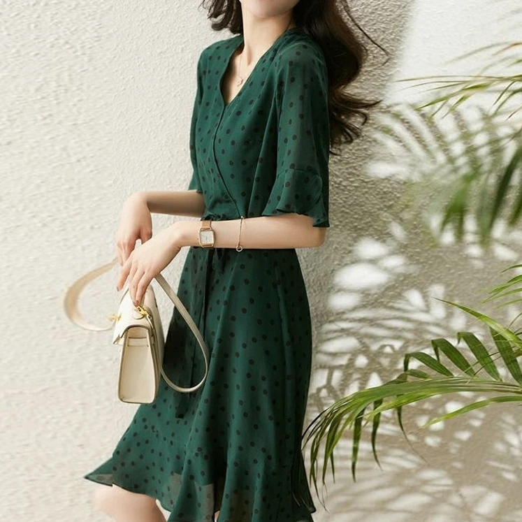 波点重磅真丝连衣裙 杭州丝绸女装 桑蚕丝2025新款夏季中长款裙子