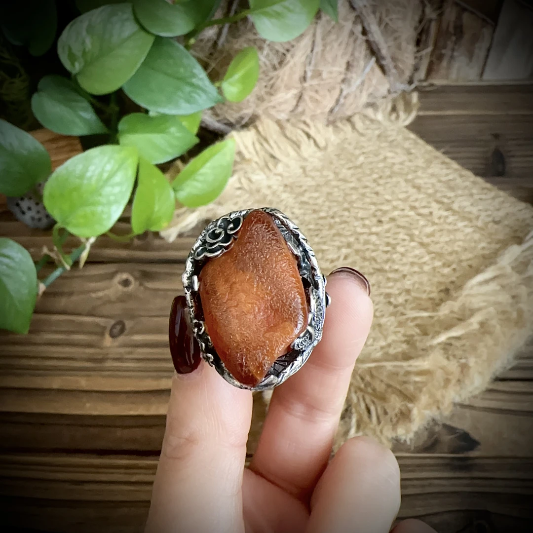 【古香古色】复古s925银蜜蜡琥珀戒指（开口可调节）
