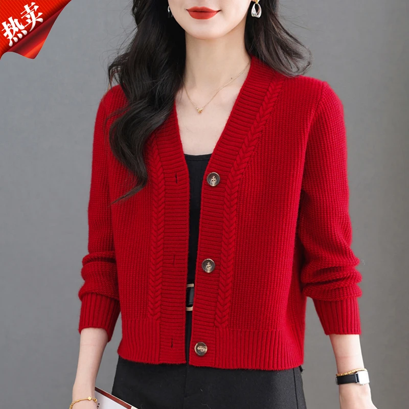 【原版正品】羊毛衫女短款长袖针织开衫外套洋气百搭V领通勤毛衣