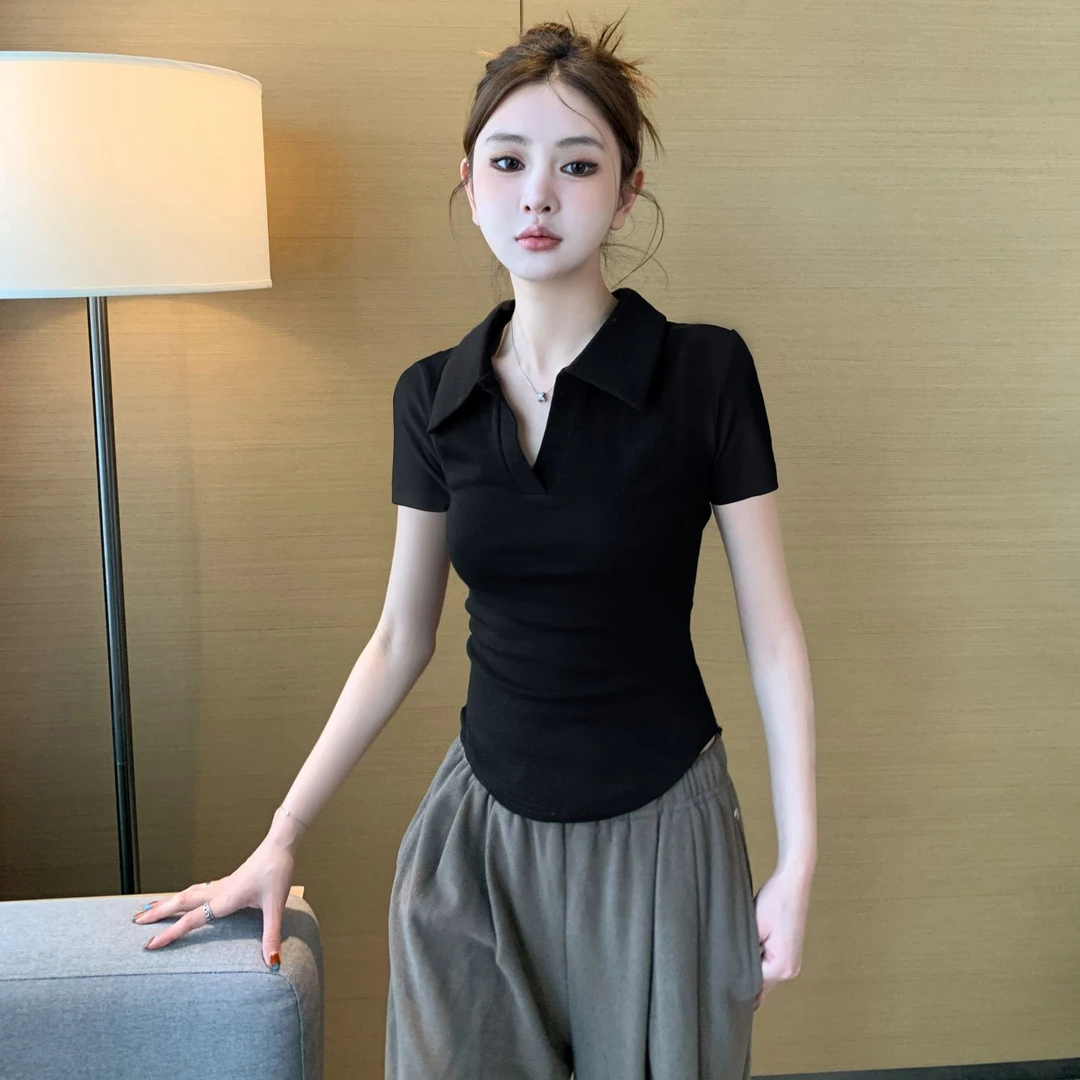 K大码微胖MM洋气减龄新款polo领短袖t恤女夏季不规则显瘦正肩上衣