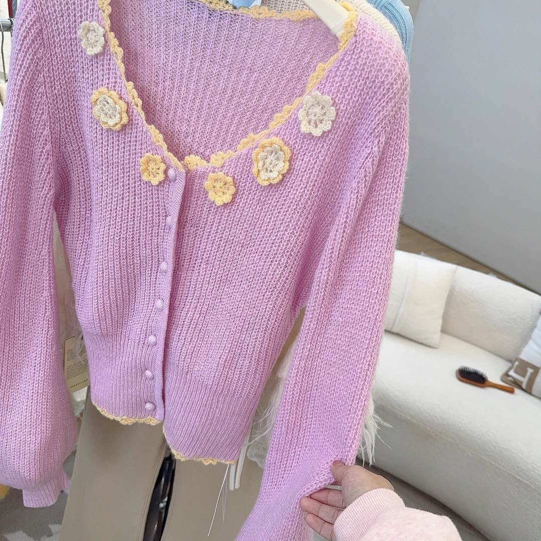 琳心丨秋冬新款紫色V领立体花朵时尚百搭针织开衫 4962