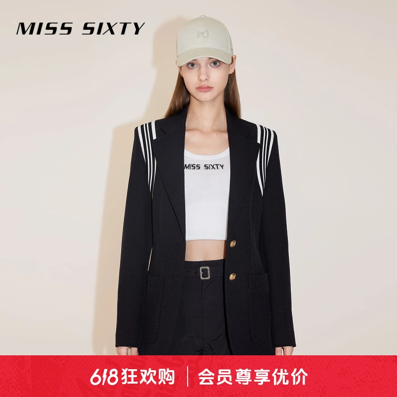 Miss Sixty春季新款西装外套女间色条运动风织带气质通勤风