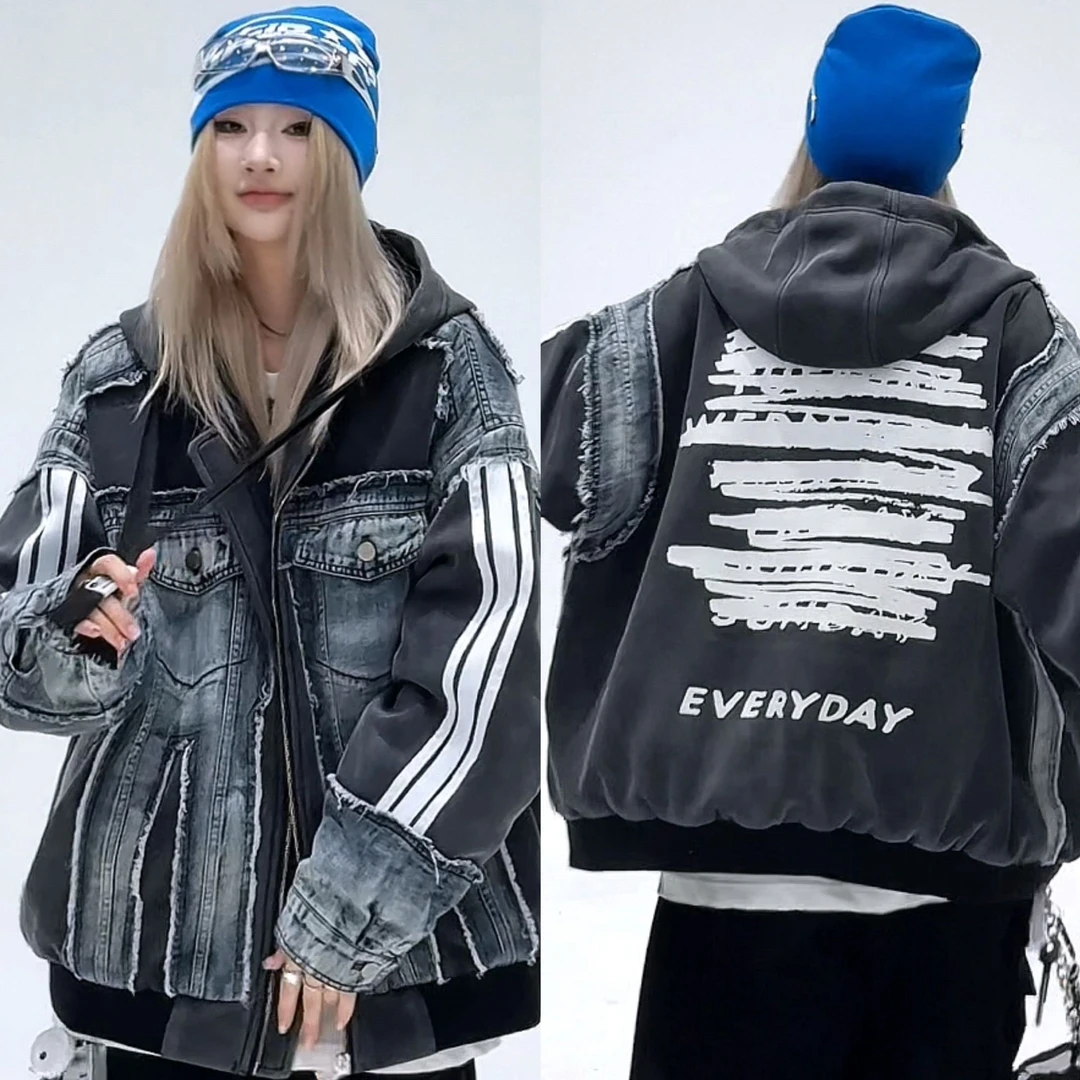 重工牛仔拼接条纹 男女同款 秋冬季水洗针织 棉服 连帽外套 85063