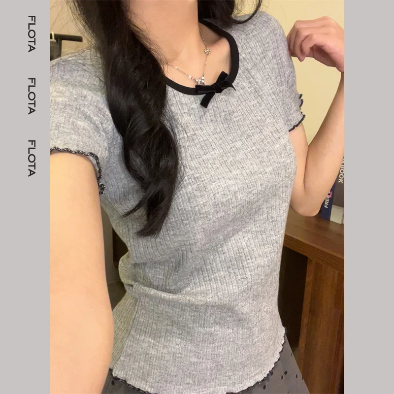 【flota】新款设计蝴蝶结木耳花边短袖T恤女夏季韩系百搭上衣1048