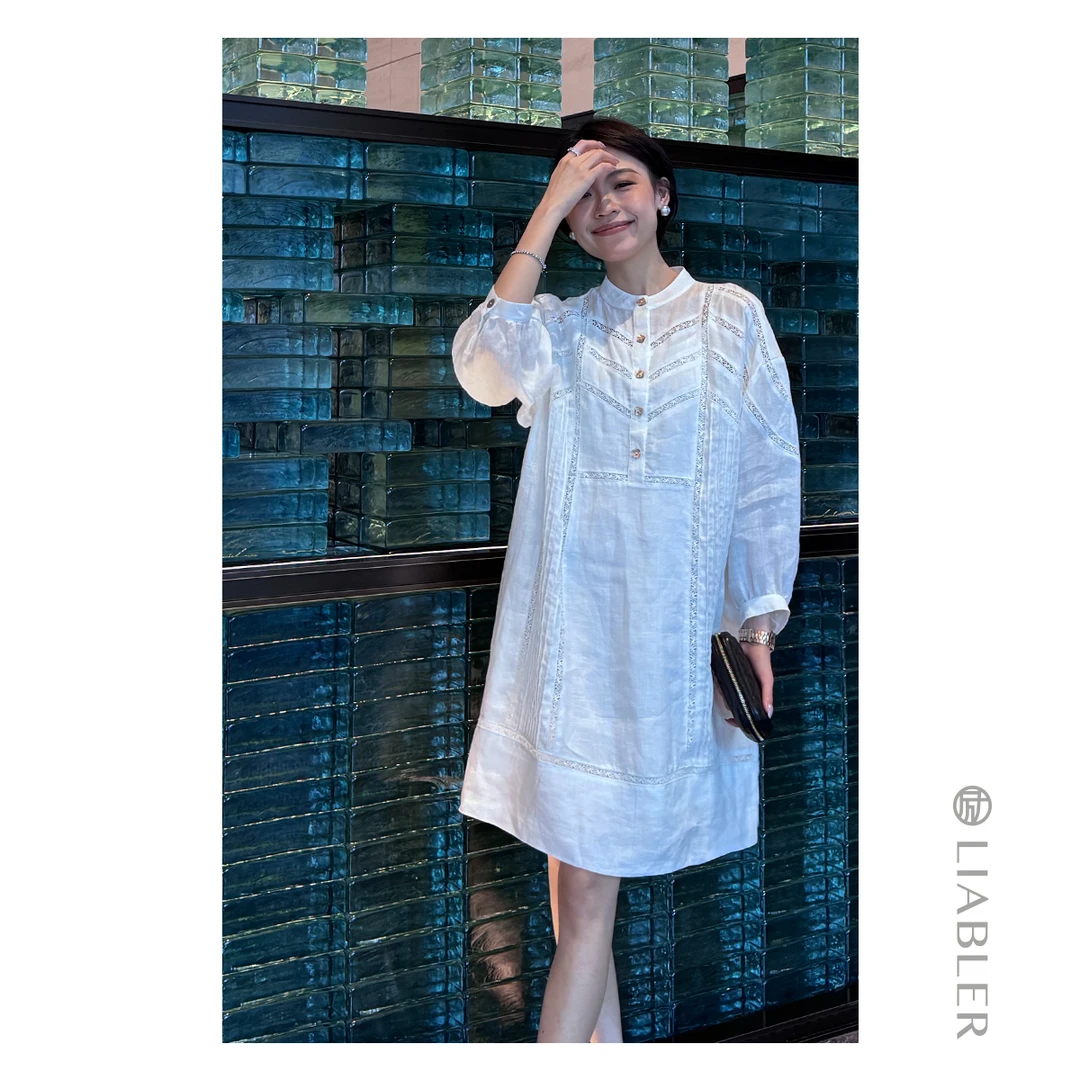 LIABLER P25春夏纯色镂空花边拼接苎麻连衣裙 LSS25187D