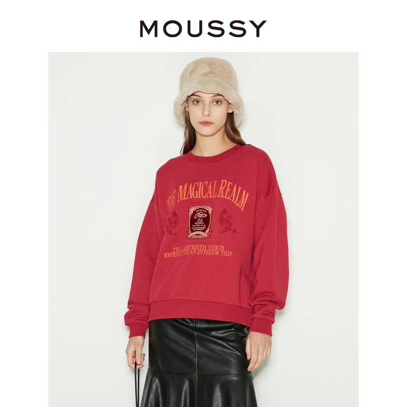 MOUSSY 秋冬复古设计感字母刺绣圆领卫衣上衣女010GAQ90-5800