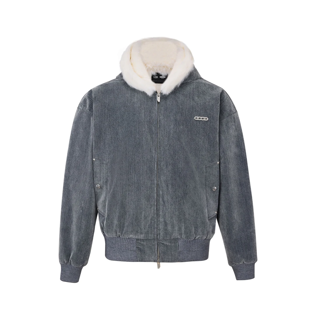 GB-GOODBRAND 2025FW 灰色植绒钢印兔毛座山雕夹克 男女同款