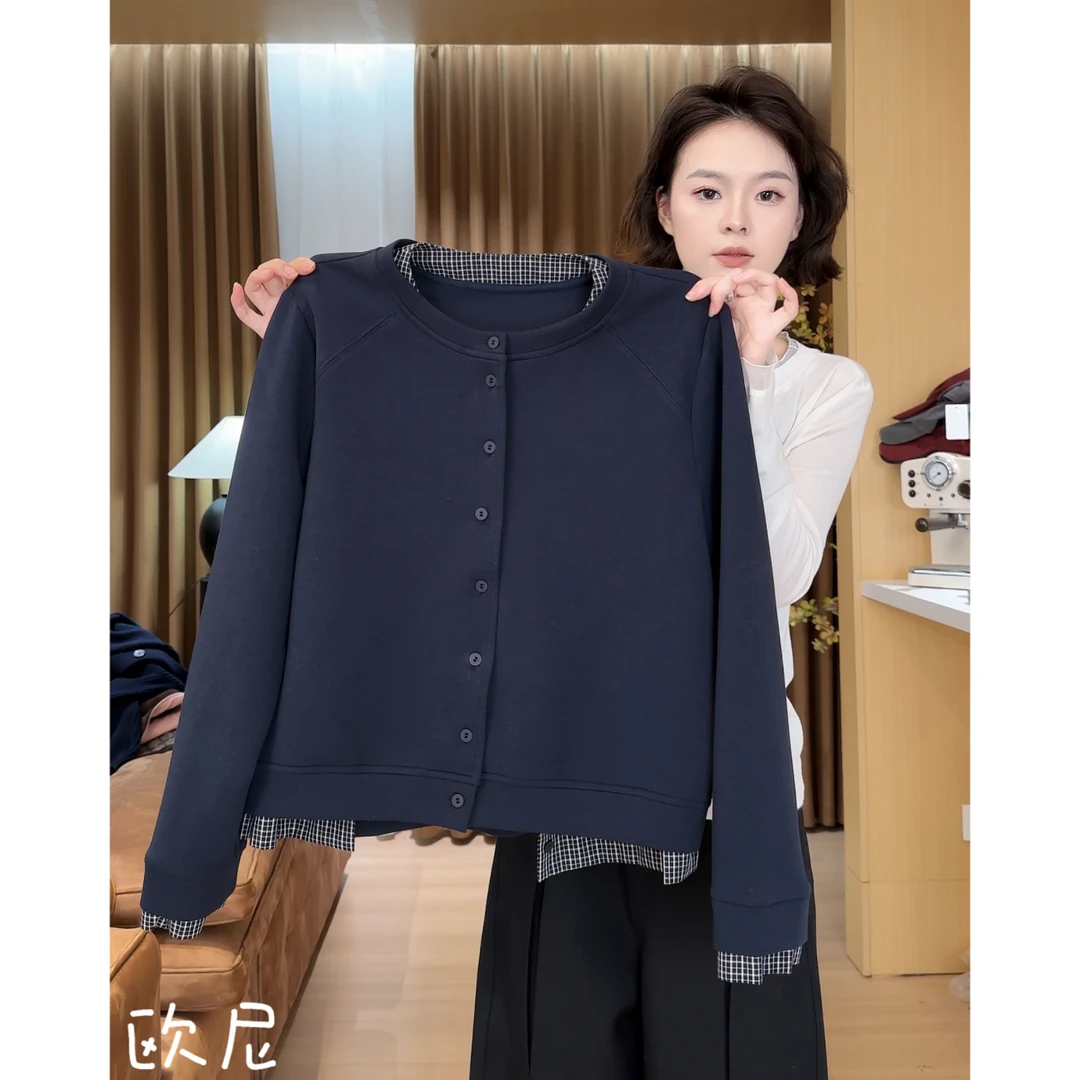 欧尼私服 2025早秋新款格子拼接假两件开衫上衣2509C5807
