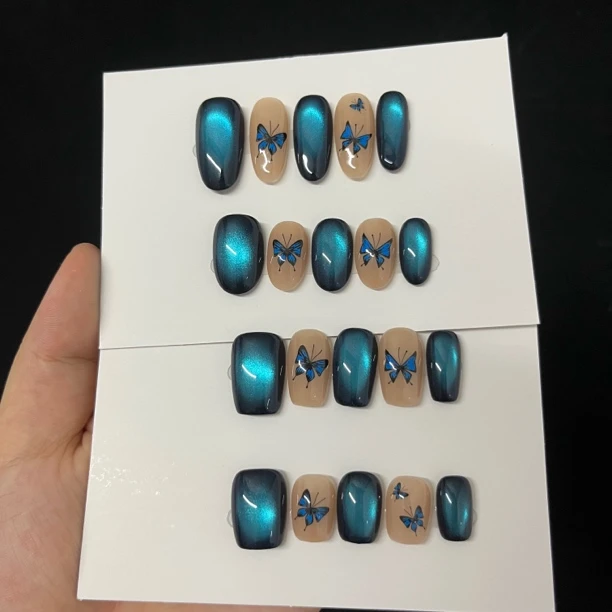 【双生蝶】夏季蓝色猫眼蝴蝶手工穿戴甲显白甜酷辣妹美甲