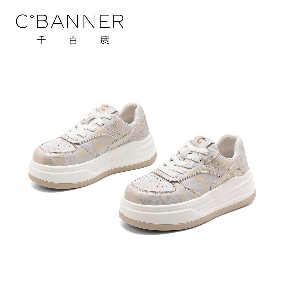 C.BANNER/千百度2025新款欧若智性风厚底休闲鞋潮流擦色运动板鞋