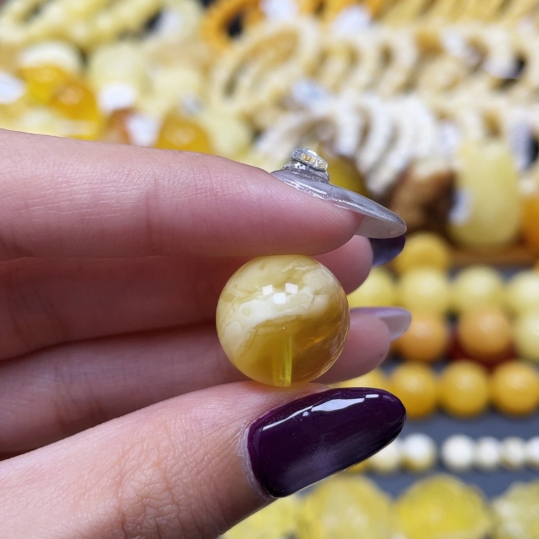 琥珀未镶嵌裸石16.3mm妖花半山半水圆珠