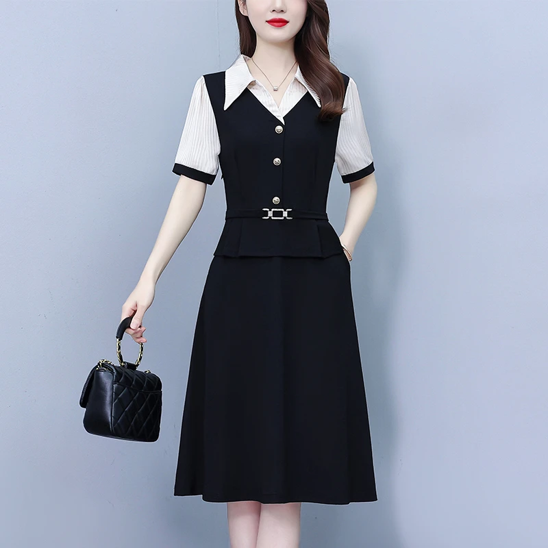 高档气质假两件连衣裙大码女装腰带收腰显瘦中长裙子2025夏季新款