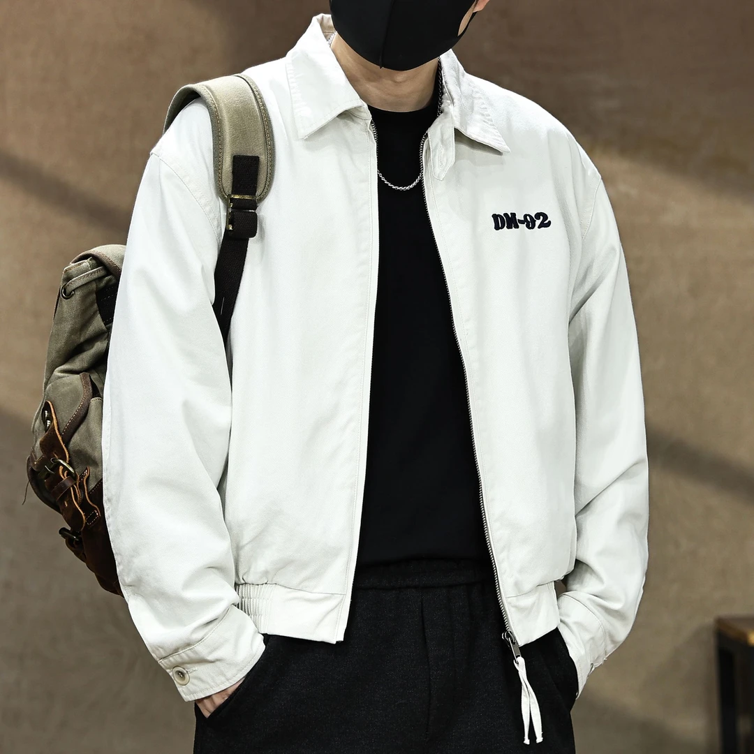 秋冬季美式复古刺绣翻领工装夹克男款格纹内衬宽松休闲短款外套潮