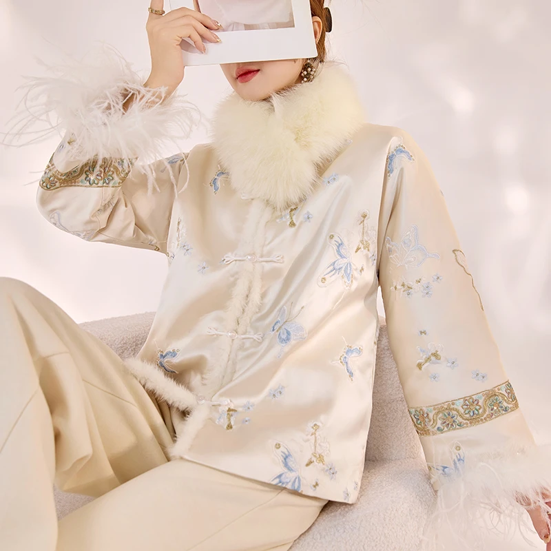 【清歌】冬季新中式刺绣高级感驼鸟毛袖设计感国风棉服外套女 MY007