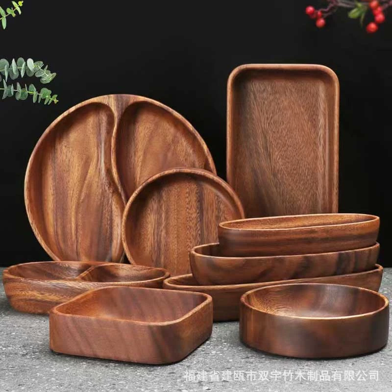 胡桃木日式木托盘家用客厅实木零食糕茶点小圆形盘茶盘餐具盘批发